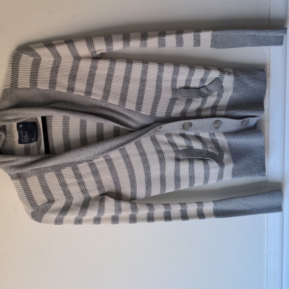 American Eagle Grey Stripe Thermal Sweater Long Cardigan AE Tunic Vintage Preppy - Picture 3 of 10